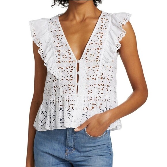 Veronica Beard Araya Eyelet Embroidery Ruffle Sleeveless V-Neck Cotton Top White - Picture 1 of 15